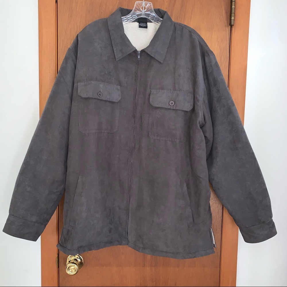 Men’s L STONE CREEK Gray Faux Suede Sherpa Lined Zip Front Shirt Style Jacket EC